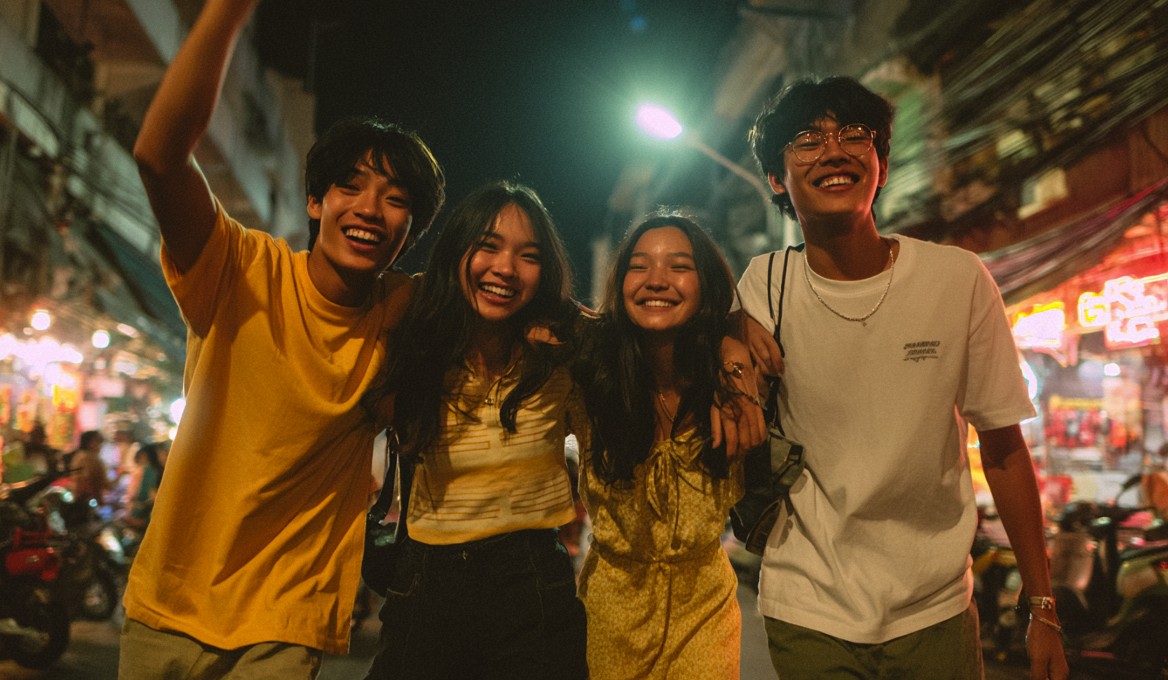 Four young friends laughing arm in arm on a neon-lit street at night.