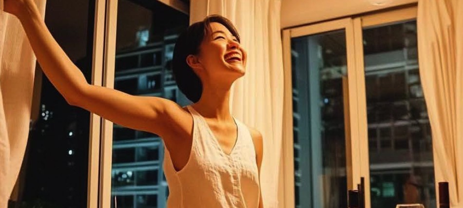 AI-generated image for PropertyGuru: a woman laughing in a warmly lit Singapore flat, setting a table for friends.